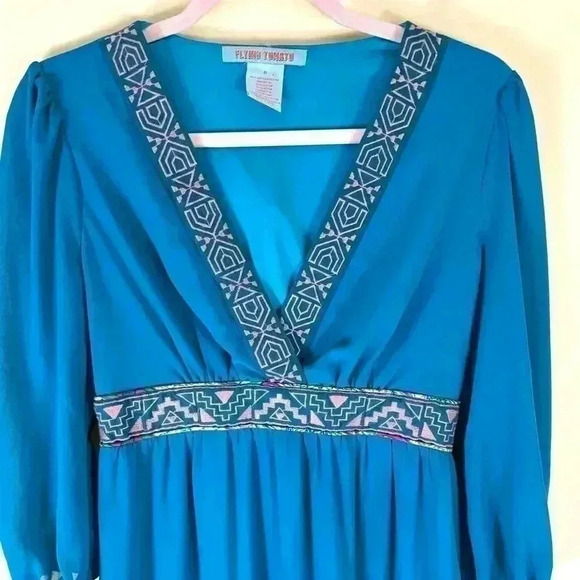 Flying Tomato Turquoise “70’s” Bohemian Aztec V-Neck Native Maxi Dress Size S - Picture 3 of 15